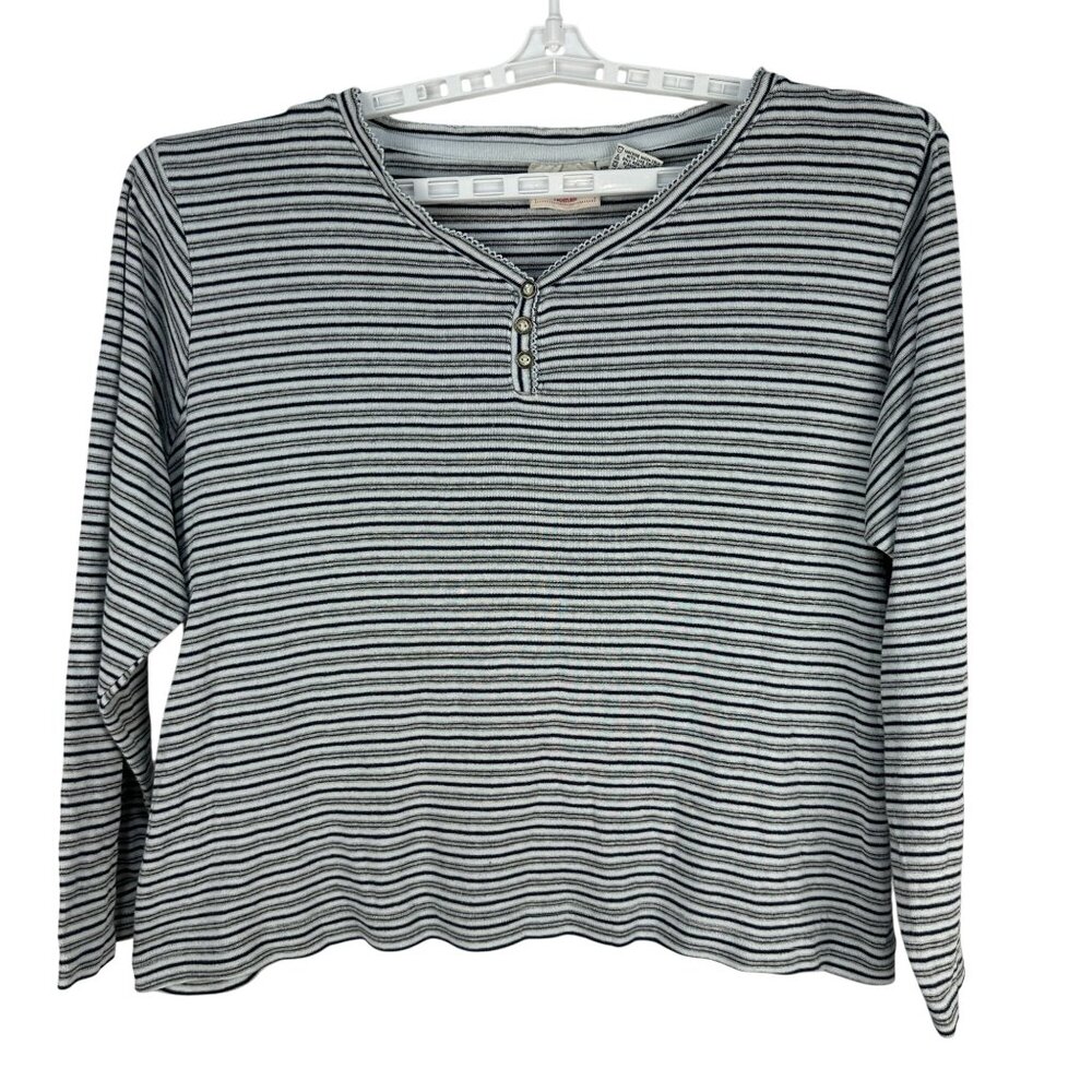 Faded Glory Womens Long Sleeve Striped Henley Top Plus Size 18W 20W Blue White